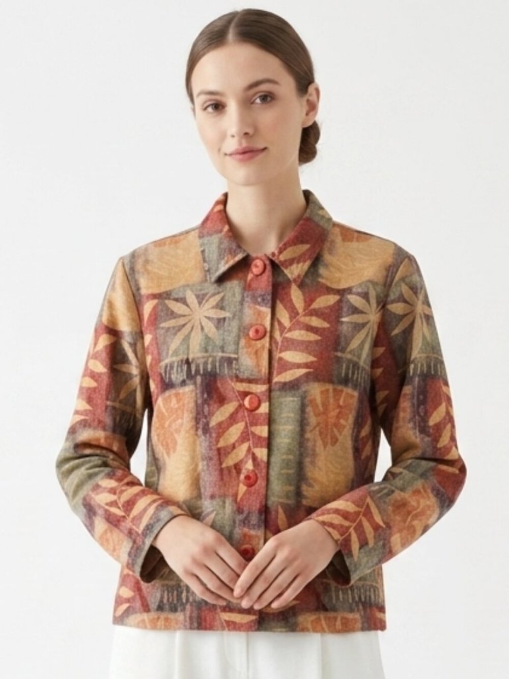 Vintage Coldwater Creek Jacket Orange Green Floral Boho Lightweight Casual M